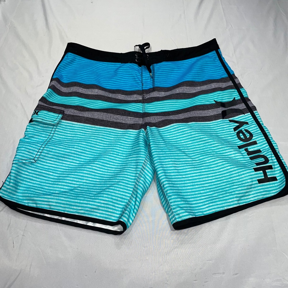 Hurley Mens Board Shorts Size 38 Blue Teal Striped Swim‎ Trunks